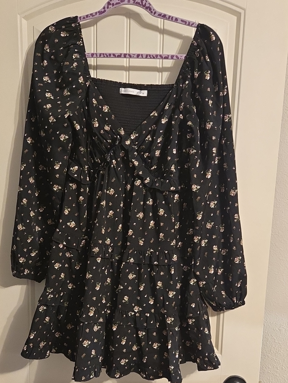 Altar'd State Black Floral Long Sleeve Ruffle Mini Dress